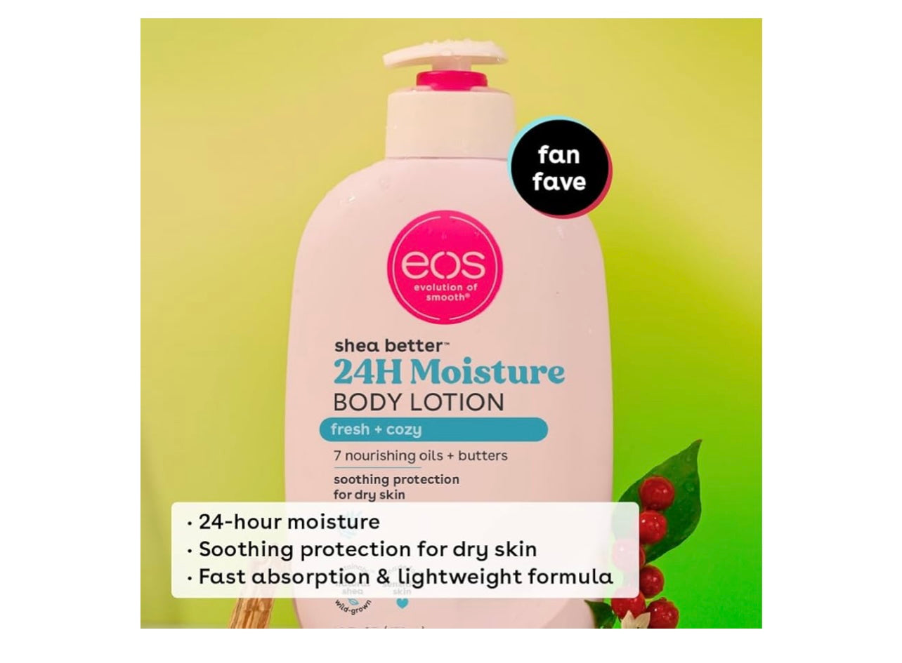 eos Bodylotion Fresh & Cozy, 24 uur, hydraterende huidverzorging, licht en niet vettig, met natuurlijke sheaboter, vegan, 16 fl oz